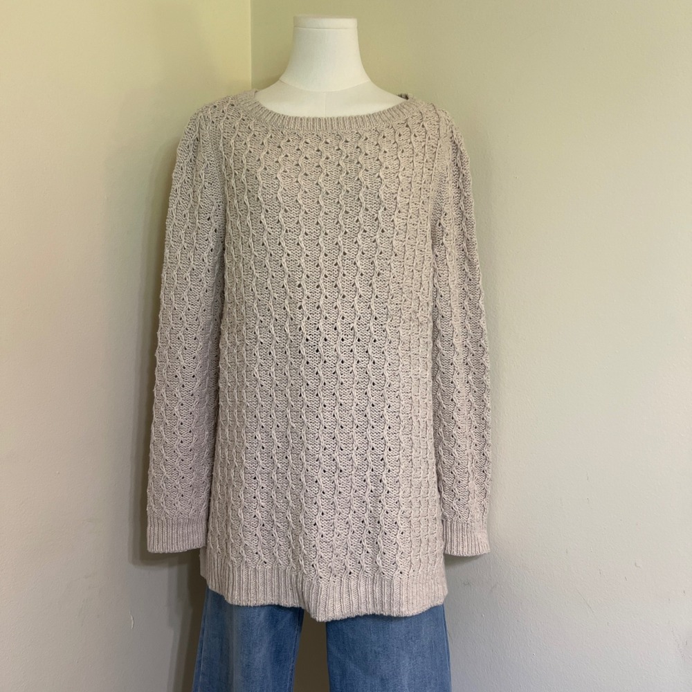 Talbots Womens Oatmeal Beige Cable Knit Tunic Sweater Cotton Wool Blend Large